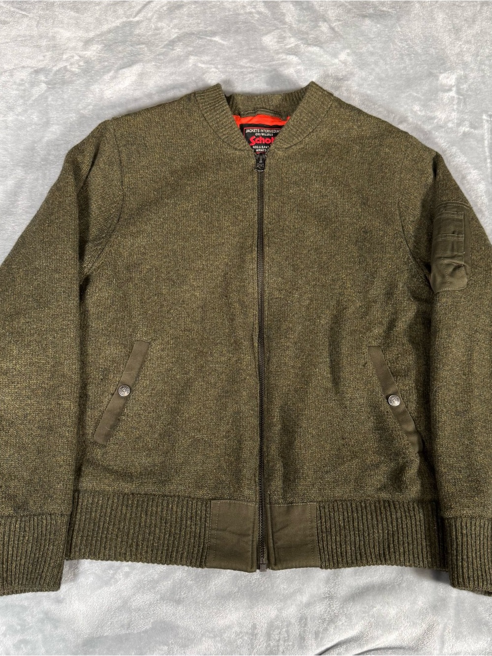Schott NYC Military Bomber Jacket Mens L Wool Blend Knit Commando Green
